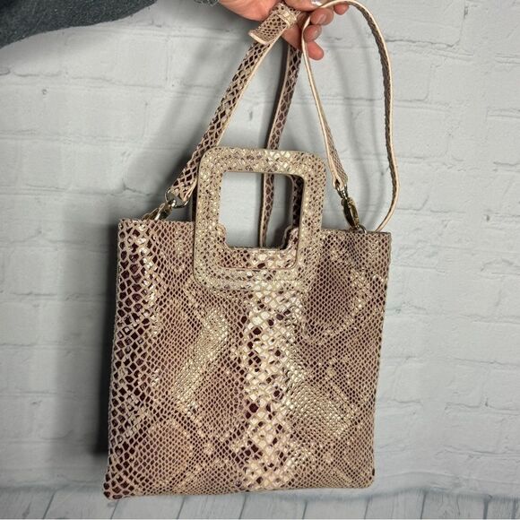 TMRW Studio taupe snakeskin embossed leather square handle tote bag like new - Picture 4 of 13